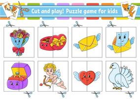 Cut and play puzzle game for kids with cupid and flowers vector