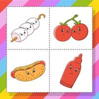 A cartoon image of food and vegetables on a colorful background vector