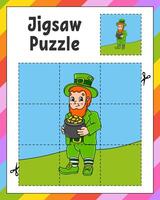 Jigsaw puzzle with leprechaun holding a pot of gold vector
