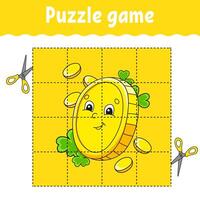 Puzzle game for children with gold coin and scissors vector