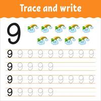 Trace and write the number 9 with rainbow and clouds vector