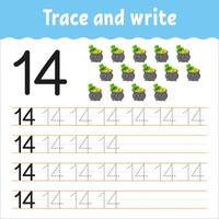 Trace and write number 14 for kids vector
