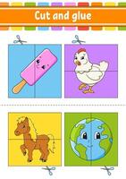 Cut and glue game for children with animals and a cow vector