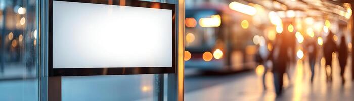 A blank advertisement board stands at a contemporary bus stop with a glass shelter. In the background, pedestrians walk by as a city bus approaches in soft focus, creating an urban atmosphere photo
