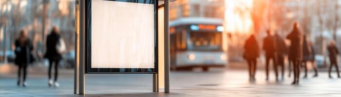 A blank advertisement board stands at a stylish bus stop, framed by a glass shelter, as pedestrians stroll by and a city bus approaches during the warm glow of golden hour photo