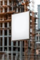 A blank billboard stands on a metal fence at an active construction site. Cranes and scaffolding are visible, indicating ongoing development. The background is softly blurred for focus photo