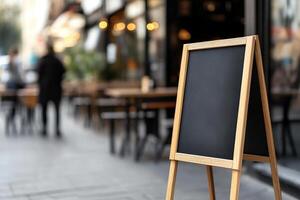 A blank A-frame sandwich board stands prominently on a bustling sidewalk outside a trendy cafe. The softly blurred background reveals patrons at wooden tables and a glass storefront photo