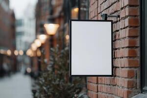 Billboard stands empty on an old red brick wall in a charming downtown setting, illuminated by soft street lamps during the warm glow of golden hour, inviting creativity in promotions photo