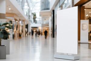 Brightly lit shopping mall features a blank vertical billboard, surrounded by stylish storefronts and blurred shoppers, perfect for promotional messages and advertisements photo