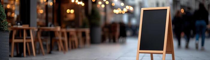 A blank A-frame sandwich board stands prominently on a bustling sidewalk in front of a trendy cafe. The softly blurred background captures wooden tables, a glass storefront, and people walking by photo