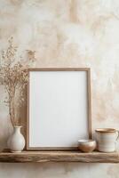 A blank wooden frame rests against a textured wall on a rustic wooden shelf. Small potted plants and ceramic decor enhance the warm, inviting atmosphere of the space photo