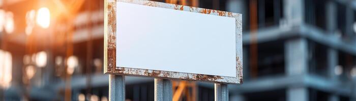 A blank billboard stands on a metal fence outside an active construction site, surrounded by cranes and scaffolding, providing an ideal space for corporate branding photo