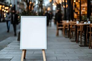 A blank sandwich board stands on a bustling sidewalk outside a stylish cafe. The soft-focus background features wooden tables and passersby enjoying the atmosphere photo
