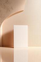 A blank business card stands upright against a softly blurred neutral-toned wall, casting a gentle reflection on the surface below, embodying an aesthetic for luxury branding photo