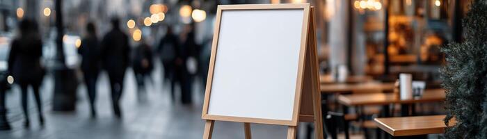 A blank A-frame sandwich board stands prominently on a busy sidewalk outside a trendy cafe, inviting passersby to engage with the space while soft-focus background reveals people and tables photo