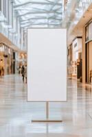 A vertical billboard stands empty in a modern shopping mall, illuminated by natural light. Shoppers are blurred in the background, emphasizing the focus on the billboard, ideal for advertisements photo