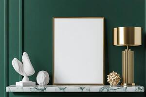 A blank frame sits elegantly against a deep emerald green wall, enhanced by a sleek marble console table. Modern sculptures and a gold lamp emphasize a sophisticated and upscale ambiance photo