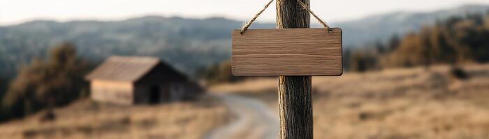 A blank wooden signboard hangs from a post in a tranquil rural area. Rolling hills and a rustic barn create a peaceful backdrop under soft lighting, ideal for farming or eco-friendly messages photo