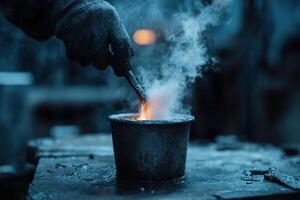 In a dimly lit workshop, a blacksmith plunges a glowing-hot iron piece into a water bucket, generating a dramatic cloud of steam. The warm forge light accentuates the craftsmanship photo