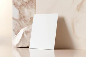 A blank business card stands upright, gently leaning against a soft-toned wall. The background features a soothing blur, enhancing its appeal for luxury branding presentation photo