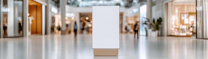 A blank vertical billboard stands prominently in a spacious modern shopping mall. Bright lighting enhances the environment as shoppers pass by stylish storefronts, creating an inviting atmosphere photo