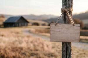 Wooden signboard hangs from a rustic post in a peaceful countryside setting. Softly blurred hills and a barn create a serene environment ideal for eco-friendly themes photo