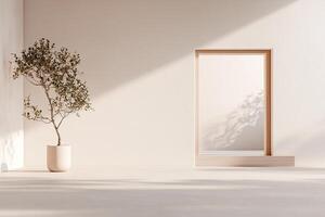 Soft beige walls and light tatami flooring create a calm atmosphere in this spacious room. A wooden doorway frames a blurred garden view, inviting tranquility and focus photo