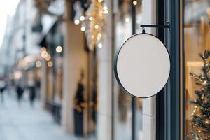 A sleek round metal signboard hangs from a minimalist black bracket, creating a stylish accent in a luxury shopping street with elegant reflections and vibrant atmosphere photo