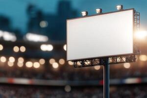 Excitement fills the air in a packed stadium as a large blank billboard looms overhead, illuminated by bright stadium lights amidst a thrilling sports event photo