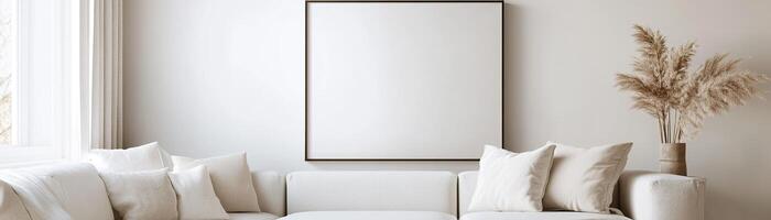 A large blank rectangular frame with a thin black border is mounted on a crisp white wall. The minimalist living room includes a sleek sofa and natural lighting showcasing the serene atmosphere photo
