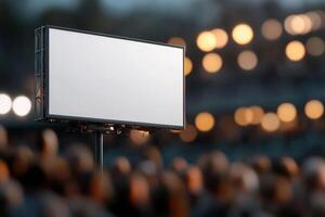 Crowd excitement fills the stadium as a large blank billboard stands prominently overhead. Bright lights illuminate the event atmosphere, creating a dynamic backdrop for potential advertising photo