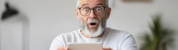 A senior man enthusiastically holds a tablet at a wooden desk, showcasing an amazed expression in a warm and spacious home environment. The modern decor adds comfort and relatability photo