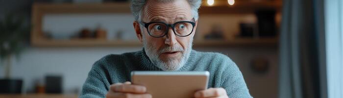 A senior man sits at a wooden desk, intently focused on a tablet. His amazed expression reflects the excitement of discovering new technology in a warm and inviting home atmosphere photo