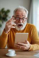 A senior man, seated at a wooden desk, holds a tablet with an expression of amazement. The warm and spacious home environment enhances the tech-savvy vibe, leaving room for your branding photo