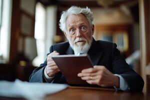 An older man sits at a wooden desk, captivated by the tablet he is holding. His expression shows amazement in a spacious and warm home environment, ideal for tech-focused advertising photo