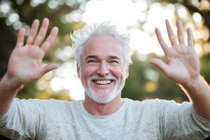 An older man joyfully throws his hands up in surprise while smiling widely, surrounded by the warmth of a softly blurred outdoor park, creating a cheerful atmosphere perfect for lifestyle themes photo