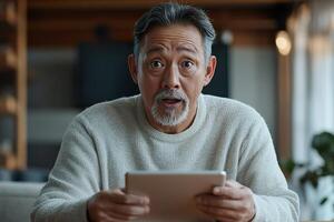 A senior man sits at a wooden desk in a modern home, holding a tablet with an amazed expression. The warm atmosphere is complemented by a softly blurred background photo