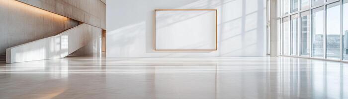 This spacious gallery features a large blank floating frame against a white wall, illuminated by soft ambient light in a minimalist setting photo