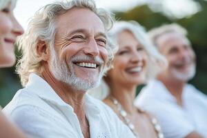 A cheerful group of seniors share joyful laughter in a lively outdoor park, immersed in connection and friendship during a sunny afternoon. Their smiles reflect a moment of happiness and community photo