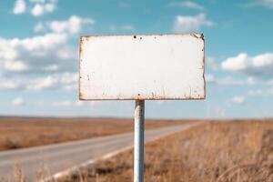 A large blank signboard stands on a metal pole beside a wide highway. The background features open landscapes with moving vehicles against a partly cloudy sky, ideal for advertisements photo