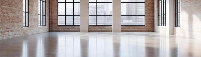 Large, empty loft-style room features high ceilings, exposed brick walls, and polished concrete floor. Cityscape is softly visible outside through large windows, creating an urban aesthetic photo