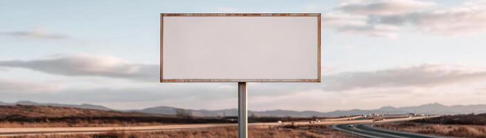 Large blank signboard mounted on a sturdy metal pole stands beside a wide highway. Vehicles move in the blurred background against a partly cloudy sky. Ideal for advertisements photo