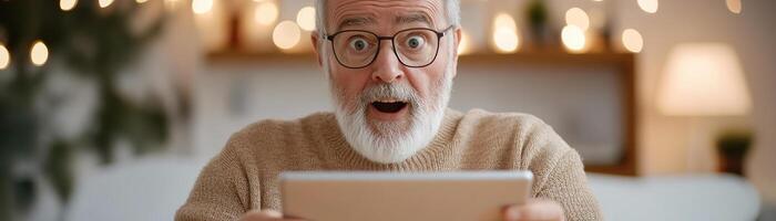 A senior man sits at a wooden desk in a modern home, holding a tablet with a look of amazement on his face. The warm atmosphere enhances the relatable tech-savvy moment photo