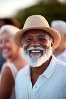 A group of happy seniors enjoys a lighthearted moment outdoors, laughing together in a vibrant park setting. Their expressions of joy convey a sense of community and connection photo