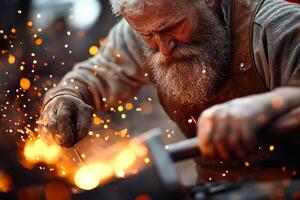 A skilled craftsman hammers a glowing piece of metal on an anvil, surrounded by the warm glow of forge fire. Sparks fly, illuminating the rugged atmosphere of craftsmanship photo