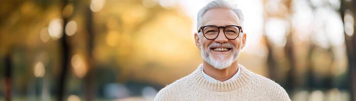 A senior man with silver hair and glasses stands in a park, laughing with genuine joy. His casual sweater complements the soft, blurred background, creating an inviting atmosphere photo