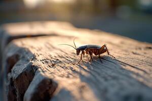 A cockroach remains still on a rustic wooden surface, bathed in soft natural light. The contrasting textures of the exoskeleton and wood create a detailed ecological moment photo