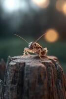 A cockroach stands still on a weathered wooden surface, illuminated by soft natural light. The textures of its exoskeleton and the wood grain are beautifully highlighted, creating a serene atmosphere photo