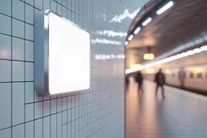 Blank billboard mounted on a tiled wall in a busy subway station, with blurred figures of commuters passing by, creating a dynamic urban atmosphere perfect for transit advertising photo