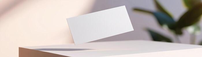 A blank business card is suspended midair, casting a gentle shadow below. The softly blurred background features a smooth gradient, enhancing the sleek look for high-end branding usage photo